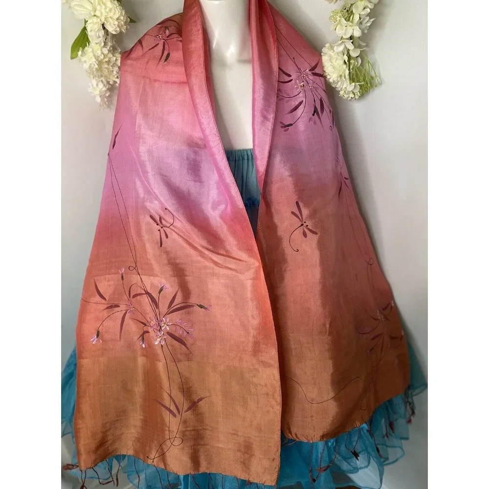 100% Silk Hand‎ Painted Rectangular Scarf Dragonfly Design 16